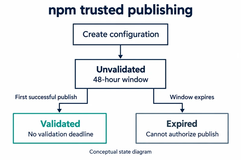 npm trusted publishing의 개념 상태도. 설정을 생성하면 검증 전 48시간 구간이 시작되며, 첫 게시에 성공하면 검증 상태로, 시간이 끝나면 만료 상태로 이어진다.