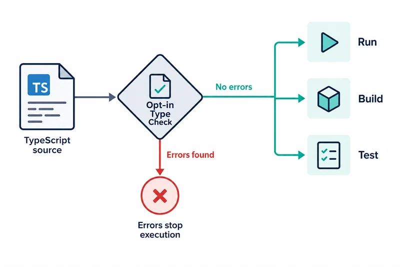TypeScriptソースがOpt-in Type Checkのひし形へ入り、エラーなしはRun・Build・Testへ、エラーありは実行停止の記号へ進む。