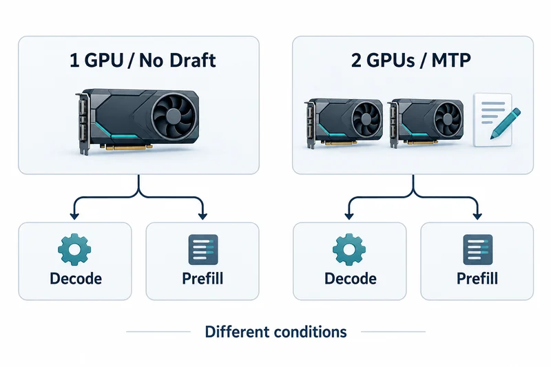 Two panels compare 1 GPU / No Draft and 2 GPUs / MTP; each leads to separate Decode and Prefill outputs.