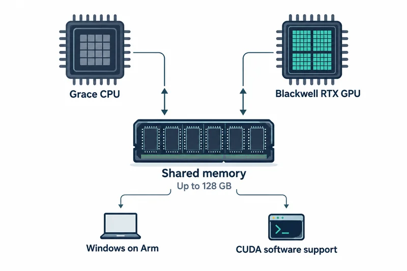 A Grace CPU and Blackwell RTX GPU connect to shared memory of up to 128 GB, with Windows on Arm and CUDA software support below.