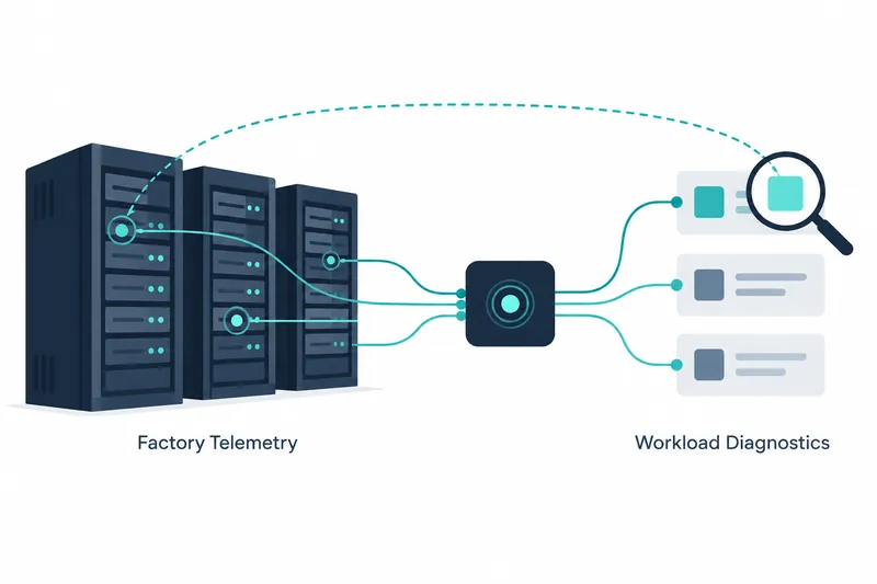 On white, three dark navy server racks on the left are labeled ‘Factory Telemetry’; three light gray cards on the right are labeled ‘Workload Diagnostics’. Teal curves connect both sides through a navy square with concentric circles at the center. A navy magnifying glass overlaps the upper-right card, with a large teal dashed arrow curving from nearby toward the servers on the left.