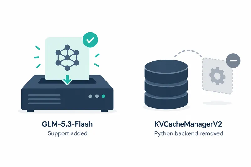 On a white background, a checked model card and server represent new model support. A detached gray gear and minus sign beside a cache store represent removal of the Python backend.