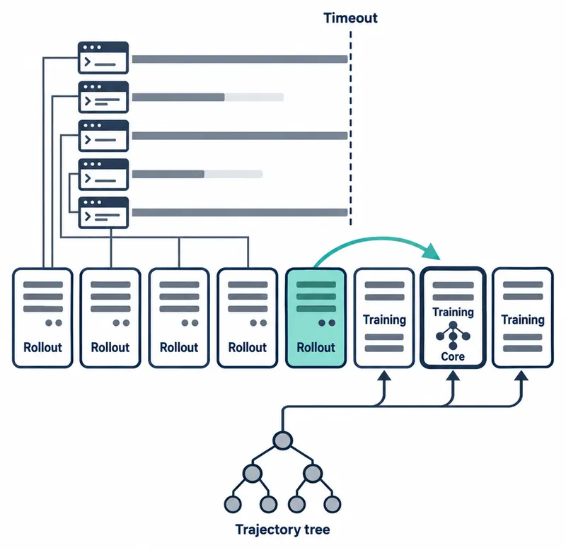 Five rollout cells connect to agent-execution bars of different lengths, some reaching a dashed Timeout line. One teal cell moves along an arrow toward the Training cells, and a Trajectory tree below feeds the training cells.