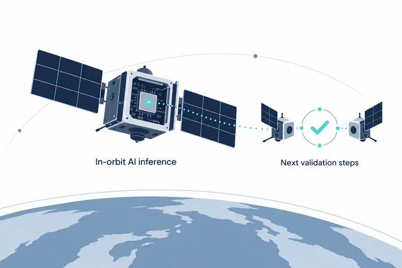 On a white background above a blue Earth, a large satellite with navy solar panels and a gray body sits on the left, with two smaller satellites on the right. Teal dashed lines and a circled check mark appear between the small satellites. Below are the labels 'In-orbit AI inference' and 'Next validation steps', respectively.