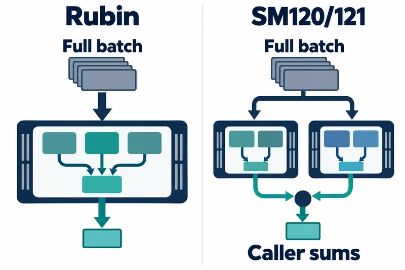 Conceptual diagram: in the left Rubin panel, Full batch enters one GPU, and three expert blocks' outputs are combined into one block before output. In the right SM120/121 panel, Full batch enters each of two GPUs. Their partial outputs meet at a point outside the GPUs, with Caller sums shown below. No token-exchange line connects the two GPUs.