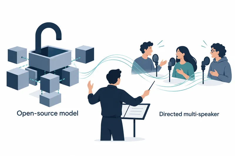 On a white background, teal lines link a public model depicted by an open padlock and modular blocks to a conductor directing three speakers at microphones.