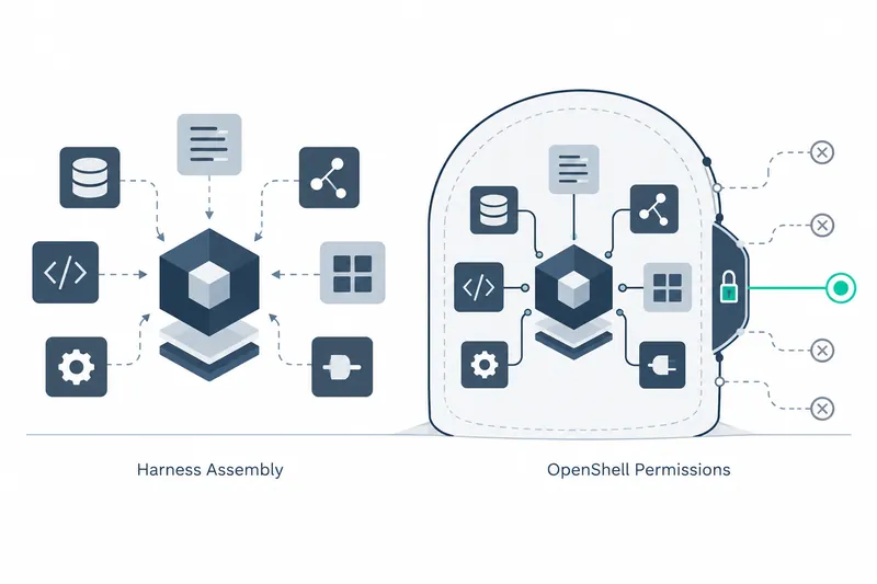 A minimalist 3:2 landscape concept illustration on a light background, with navy and slate harness blocks connected to an OpenShell access gate and restrained teal accents, without logos, code, or charts.