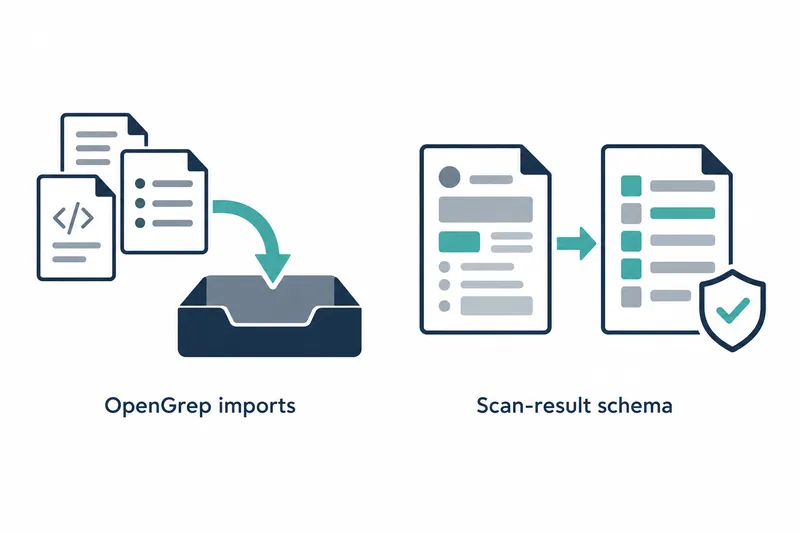 On a white background, three documents on the left have navy borders and gray lines and dots. A curved teal arrow leads from them to a navy tray, with 'OpenGrep imports' below. On the right, a teal arrow points right between two documents containing gray and teal shapes. In front of the right document is a navy-outlined shield with a teal check mark, with 'Scan-result schema' below.