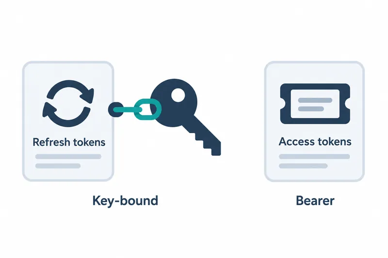 On a white background, the left light-gray rounded card has a navy circular-arrow icon and ‘Refresh tokens’. A teal ring connects it to a navy key, with ‘Key-bound’ below. A separate matching card on the right has a navy ticket icon and ‘Access tokens’, with ‘Bearer’ below.