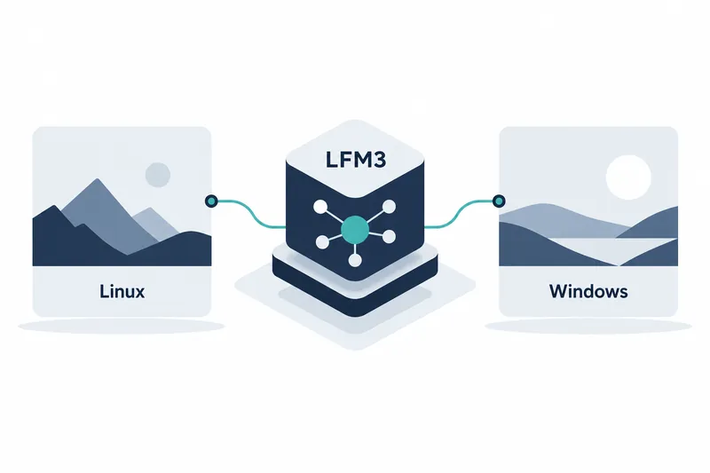 리눅스와 윈도우 환경으로 옮겨가는 LFM3 모델을 표현한 이미지 설명 = Clean flat minimalist conceptual illustration of: Ollama v0.40.13: LFM3 on Linux and Windows. Light/white background, navy and slate shapes, restrained teal accent. At most four short English labels naming the two main changes. No logos, no code, no charts, no other text. Landscape 3:2.