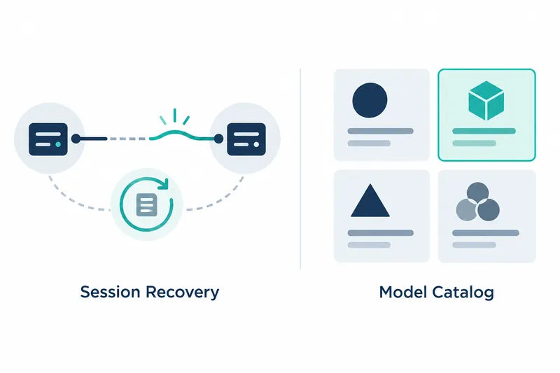 On a white background, two navy devices on the left connect via a dotted line and a teal curve. Below them, a teal circular arrow surrounds a document shape above the label ‘Session Recovery’. To the right of a vertical divider, four cards in a 2×2 grid contain a circle, a cube, a triangle, and three overlapping circles. The teal cube card has a teal border, with the label ‘Model Catalog’ below.