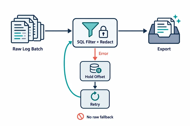 Raw Log BatchがSQL Filter + Redactを経てExportへ進む。Error分岐はオフセットを保持して再試行し、No raw fallbackを示す。