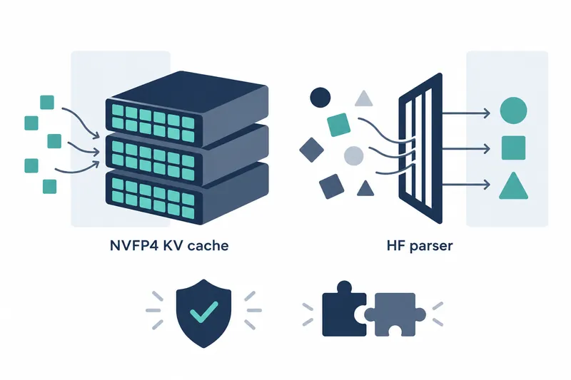 흰 배경의 왼쪽 위에는 청록색 칸이 배열된 남색 저장 블록 세 층과 ‘NVFP4 KV cache’ 라벨이, 오른쪽 위에는 남색·회청색·청록색 도형들이 남색 격자 구조를 거쳐 청록색 원·사각형·삼각형으로 분류되는 모습과 ‘HF parser’ 라벨이 있으며, 아래에는 청록색 체크 표시가 있는 남색 방패와 서로 떨어진 남색·회청색 퍼즐 조각 두 개가 배치되어 있다.