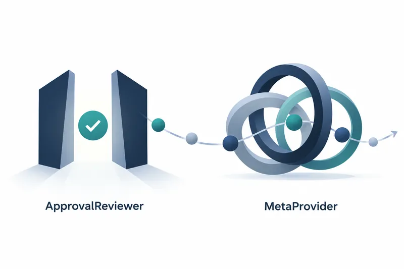 On a white background, a teal circle with a white check sits between two navy pillars on the left, labeled ApprovalReviewer below. Three navy, blue-gray, and teal rings intersect on the right, labeled MetaProvider below. A pale curve carrying multicolored beads connects the two sections and ends in a right-pointing arrowhead.