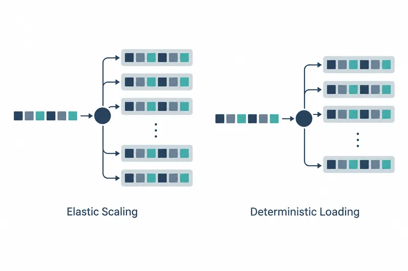 On a white background, Elastic Scaling is shown on the left and Deterministic Loading on the right. Each diagram has a row of six navy, gray-blue, and teal squares connected by an arrow to a navy circle. Arrows branch from the circle to pale gray-blue rounded rectangles containing squares in the same color order. Five rectangles are stacked on the left and four on the right, with three vertical dots in the middle.