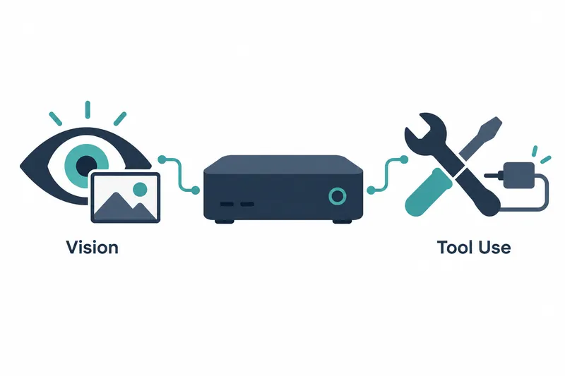 On white, a navy eye with a teal iris and a small framed mountain and circle sit left, labeled ‘Vision’. A navy-and-slate box with a teal circle sits centrally. Right are crossed tools and a wired plug labeled ‘Tool Use’. Teal bent lines with rounded ends link the side icons to the box.
