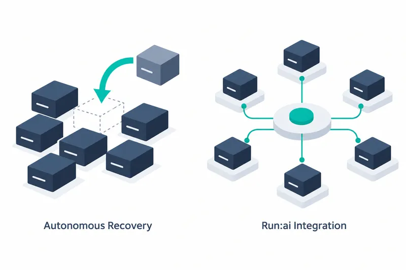 On white, navy and blue-gray blocks sit left with a curved teal arrow toward a dotted block, labeled 'Autonomous Recovery'. Right, six navy blocks link to a central circular hub in teal, labeled 'Run:ai Integration'.