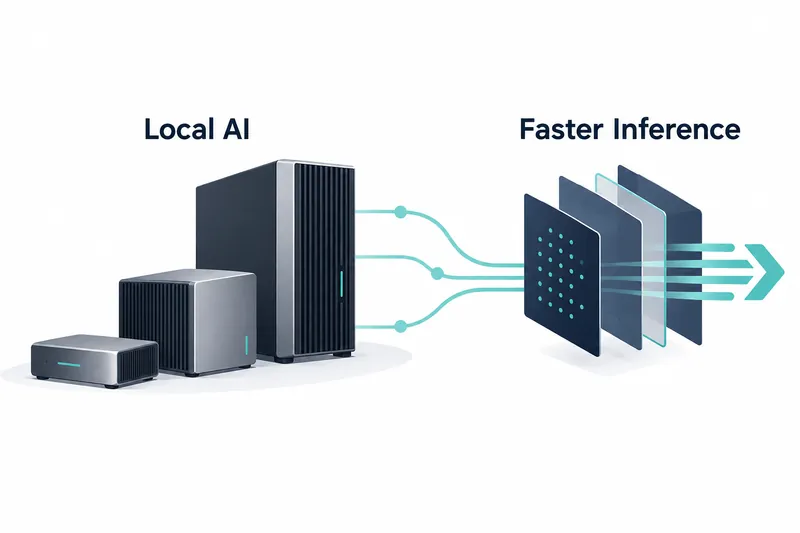 흰 배경 왼쪽의 ‘Local AI’ 아래 크기가 다른 회색·남색 직육면체 기기 세 대가 놓여 있고, 청록색 곡선 세 줄이 오른쪽 ‘Faster Inference’ 아래의 남색·반투명 판 네 장으로 이어지며 판을 가로지르는 청록색 선들 오른쪽에 오른쪽 방향 화살표가 있다.