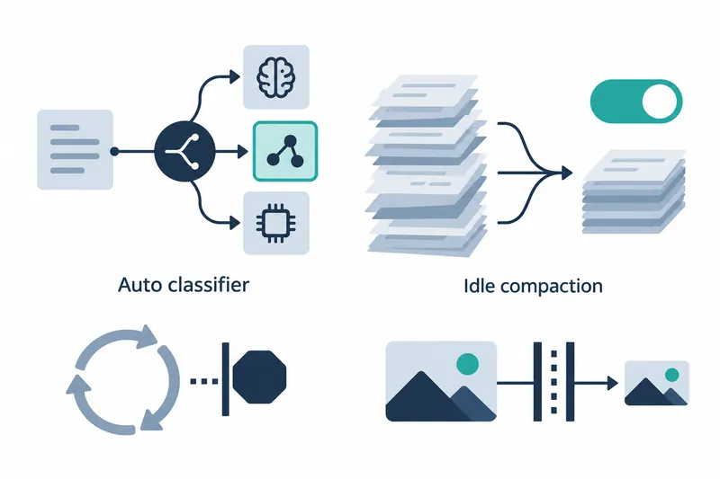 A horizontal concept diagram on white uses navy and blue-gray shapes with restrained teal accents to depict model selection branches, a conversation compaction switch, a retry cutoff, and an image input limit.