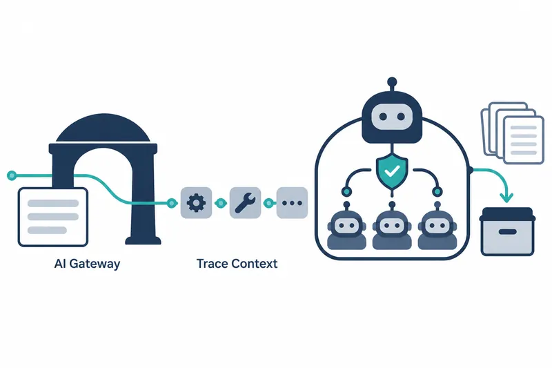On a white background, the left shows a navy arch with overlapping document shapes and an ‘AI Gateway’ label. A teal line leads to a gray-blue square in the center with a gear, a wrench, three dots, and a ‘Trace Context’ label. On the right, a teal shield with a check mark below a large robot and three small robots sit within a navy border. Outside it are overlapping documents and a curved teal arrow pointing toward a box.