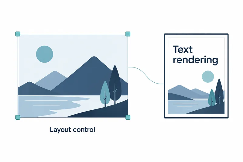 A simple flat concept diagram with a 3:2 aspect ratio uses navy and gray-blue shapes with restrained teal accents on white to depict text and object layout control and text rendering in two image generation models. It includes only the labels Layout Control and Text Rendering, with no logos, code, or charts.
