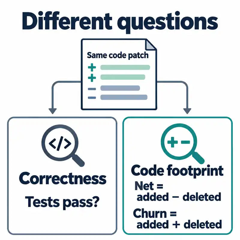 One code patch branches to two lenses: Correctness asks “Tests pass?”; Code footprint shows net as added minus deleted and churn as added plus deleted.