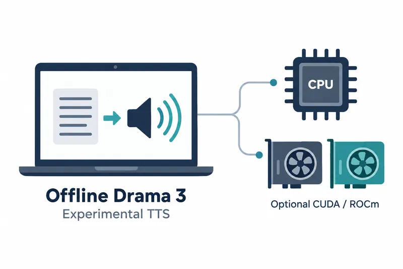 白い背景にネイビーとスレート色の図形、控えめなティール色のアクセントを用い、CPU音声合成と任意のCUDA・ROCmアクセラレーションを表す横長3:2のミニマルなイラスト。ロゴ、コード、チャートはない。