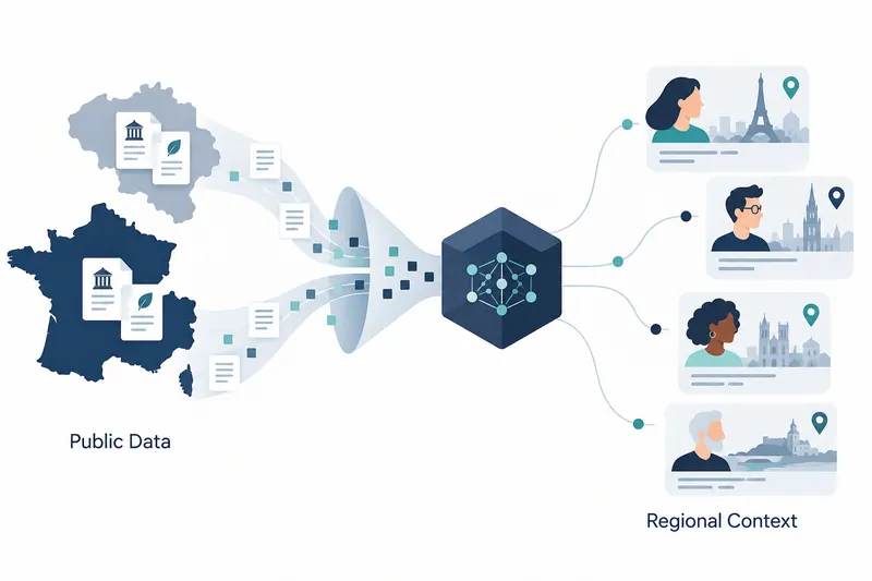 白い背景の左側では「Public Data」のラベルの上に灰青色のベルギー地図と紺色のフランス地図があり、文書アイコンが重なる。半透明の帯と青緑色・紺色の四角形が、中央の網状構造を描いた紺色の立方体へ集まる。立方体の右側の4本の曲線は、人物・地域の建築物・位置ピンを載せた4枚のカードへ伸び、カードの下には「Regional Context」のラベルがある。
